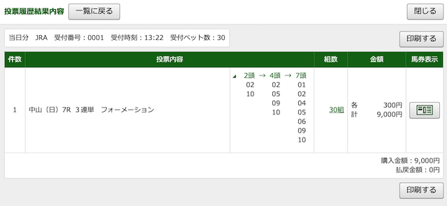 アルケミスト有料予想1レース目購入画面