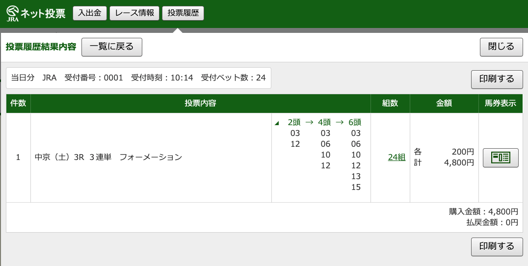 2020年3月14日中京3レースのPAT購入画像