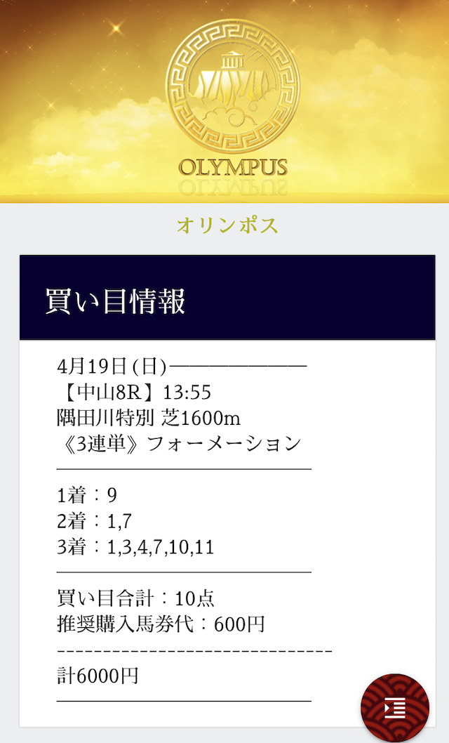 tazunaの有料予想2020年4月19日中山8レースの買い目画像