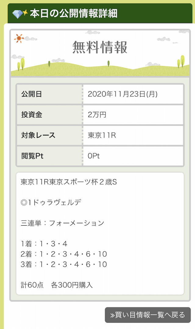 金馬券の無料予想2020年11月23日の買い目画像