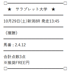 サラブレッド大学無料予想2022年10月29日の新潟8Rの買い目