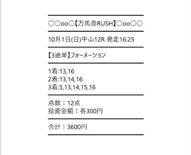 万馬券RUSH：有料予想2023年10月1日の中山12Rの買い目