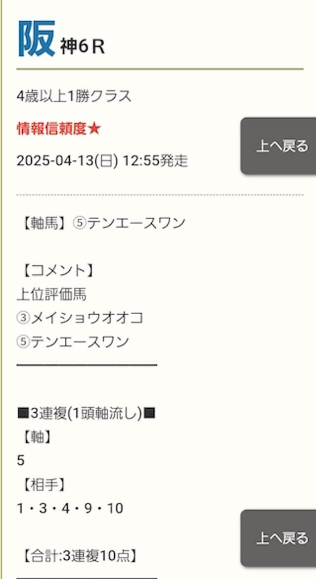 勝ち馬の方程式　4/13阪神6R　買い目