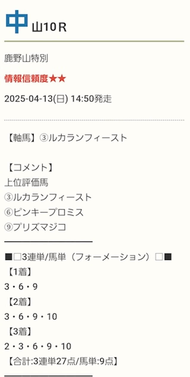 勝ち馬の方程式　4/13中山10R　買い目