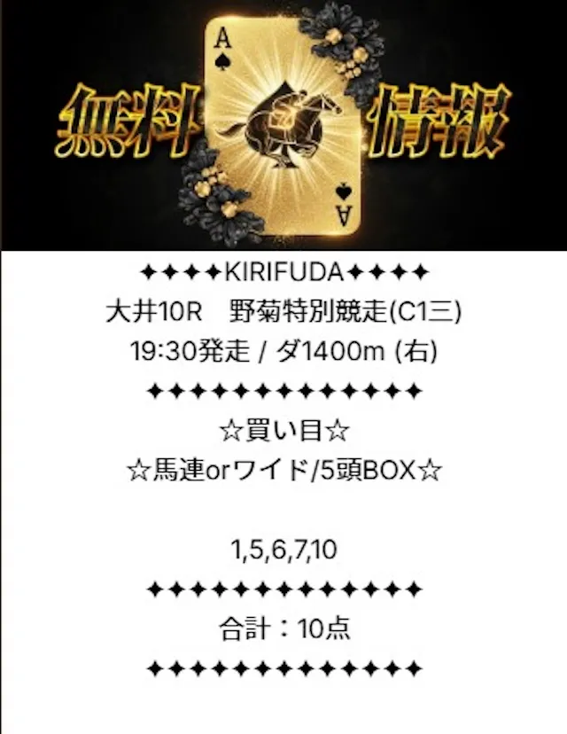 キリフダの20251024大井10R買い目