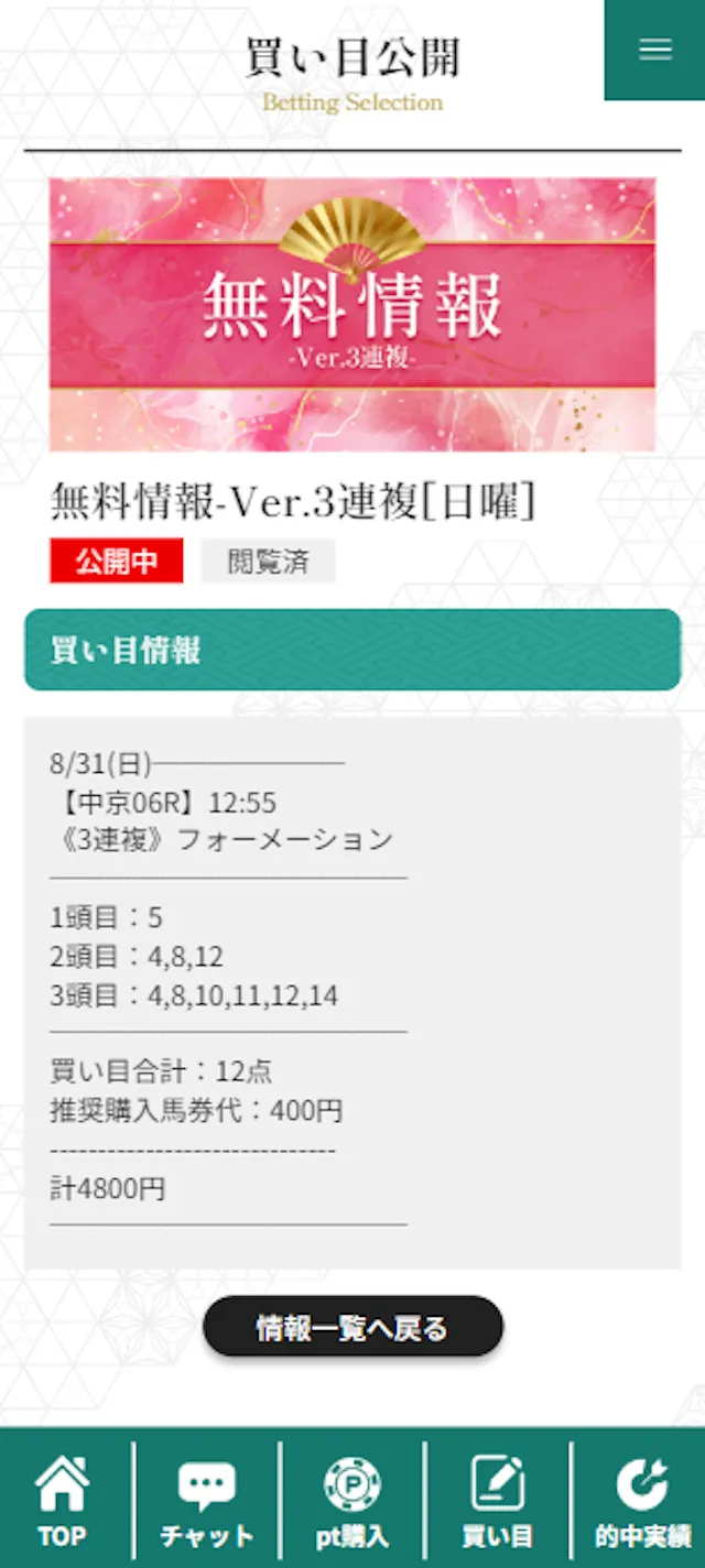 縁の20250831-中京6R買い目