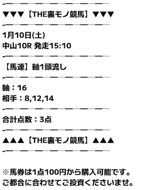 裏モノ競馬の20260110中山10Rの買い目
